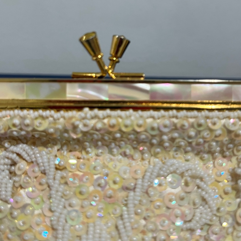 Floral Sequin Beaded Evening Bag Clutch Purse Mother Of Pearl Gold Vintage 60s - Picture 6 of 8